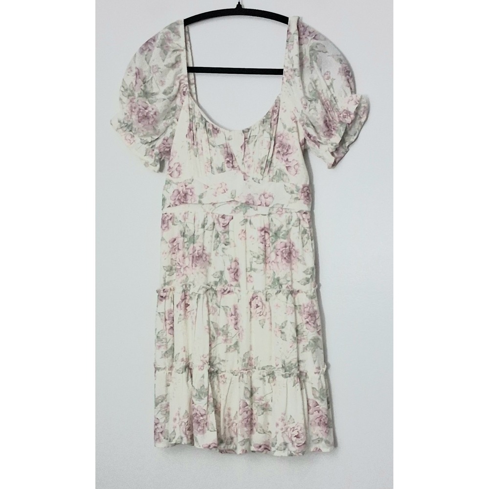 Trixxi Mini Dress Juniors Size M White Pink Floral Puff Sleeves Cottagecore Boho